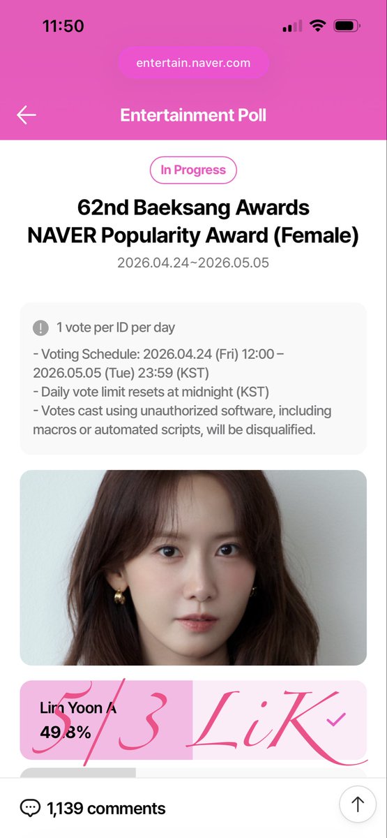 LiK11198's tweet image. The 62nd Baeksang Awards NAVER Popularity Award (Female)
2026.04.24 ～2026.05.05 
#YoonA #윤아 #임윤아 #LimYoonA
每日一投
✅5/3✅5/4

還有1天，繼續加油🙏🙏