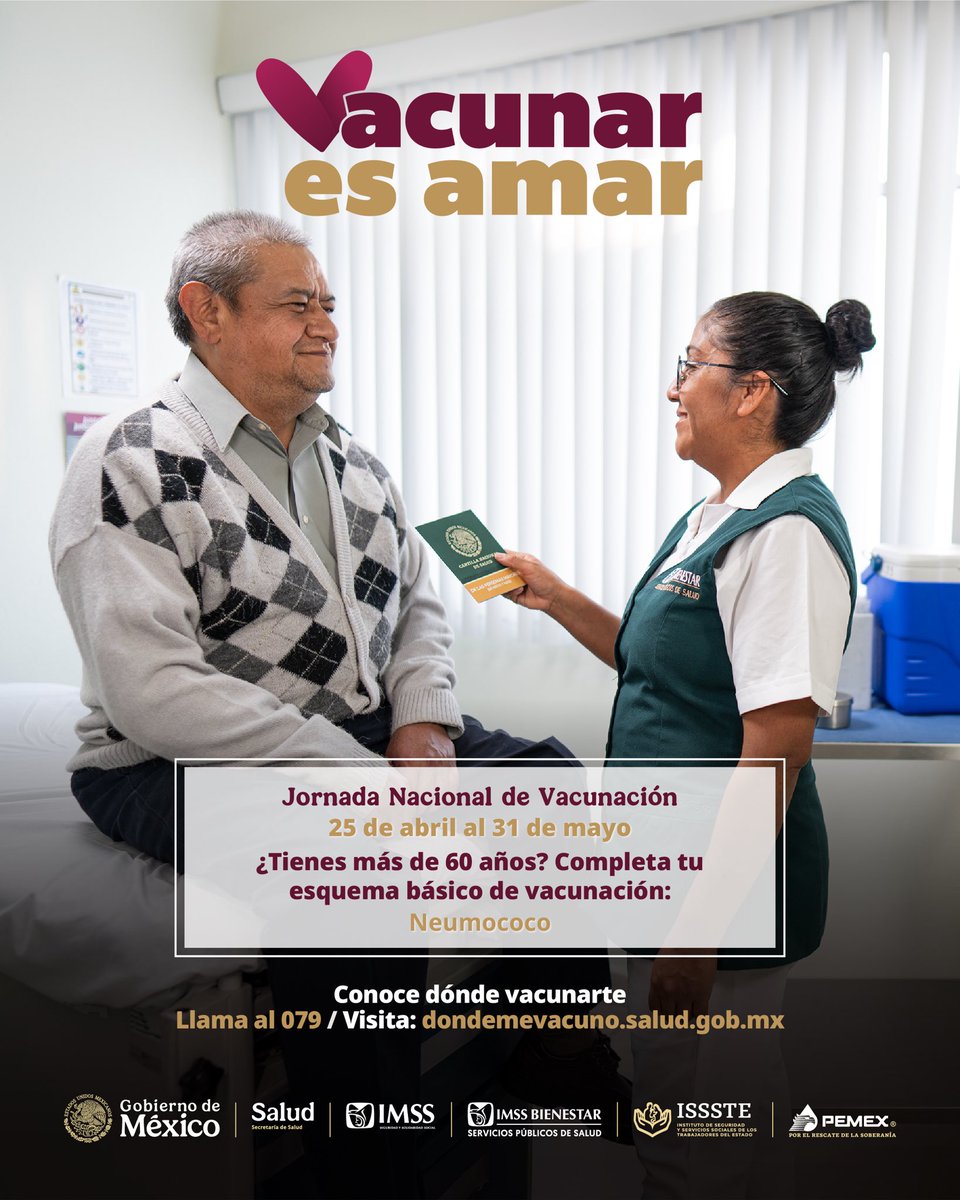 SSalud_mx's tweet photo. La vacunación en personas mayores ayuda a proteger su salud. 👩🏻‍🦳🧑🏻‍🦳

Si tienes 60 años o más, completa tu esquema. 📋

Si cuidas a una persona mayor de 60 años, acompáñala a la unidad de salud. 🏥

Conoce dónde vacunarte en : https://t.co/6zO4Kg0Vi4 o llama al 079 para más información.

#VacunarEsAmar 🩷#JornadaNacionalDeVacunación