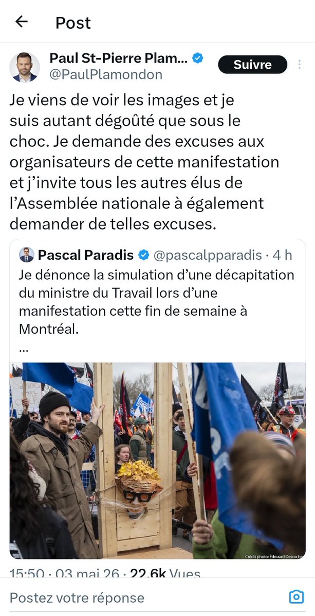 À la suite des publications sur X de ma collègue <a href="/ThevoiceAlexa/">Alexandra Lavoie</a> et moi au sujet de la guillotine décapitant une effigie du ministre du Travail Jean Boulet, certains politiciens ont condamné la scène dans leurs publications, notamment PSPP, Pascal Paradis et Charles Milliard,