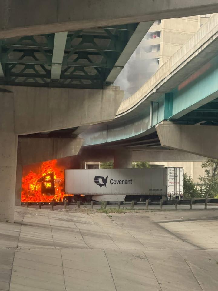BREAKING > Semi-truck catches fire under bridge, possible gunfire: Here's what the Citizen app is saying:  Firefighters and police have responded to a semi-truck on fire,  under the I-471/I-71 ramps on the Cincinnati side. One report says the driver has died.