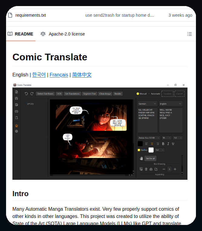tom_doerr's tweet photo. Translates comics, PDFs, and eBooks with LLMs

https://t.co/pf4ApVW7rU https://t.co/PaI2B0eAA3