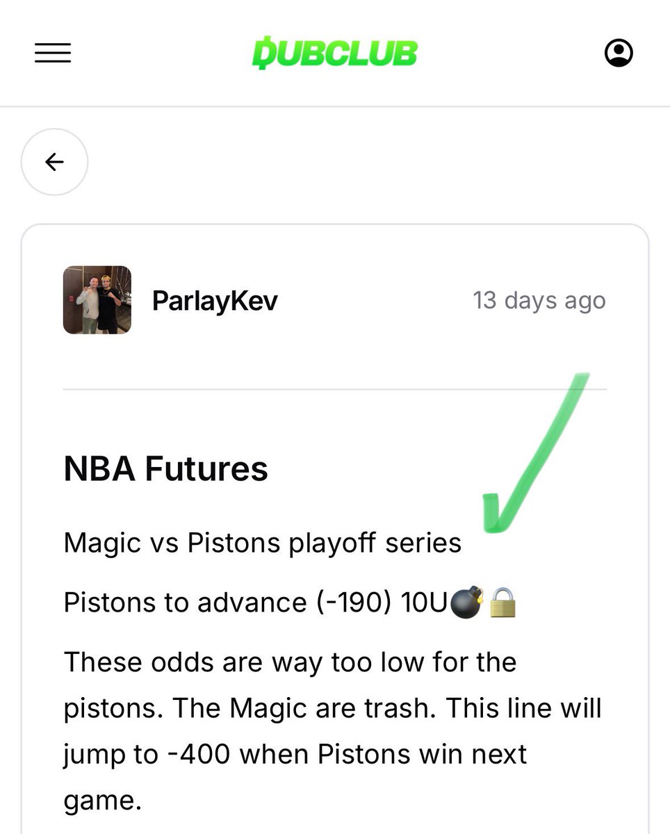 ParlayKev's tweet photo. Two easy future bets cashed! 💰💰💰

Both teams losing game 1 worked in our favor!

✅Knicks advance (-185) 10U🔒💣

✅Pistons advance (-190) 10U🔒💣 https://t.co/NS3BqYjZqM