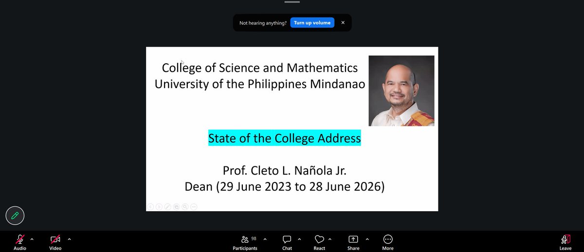 himati's tweet photo. NOW HAPPENING | College of Science and Mathematics (CSM) Dean Cleto Nañola Jr.'s State of the College Address (SOCA) is currently underway at the CSM Room 227 and via online at Zoom today, May 4, 2026.

In line with the ongoing dean selection process, the SOCA will be followed with the presentation of the nominees' vision, mission, and goals for the next three years.

Students may join the Zoom meeting through the details sent through their respective UP emails.

#UPMinUpdates