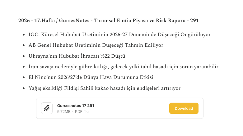GursesNotes's tweet photo. 2026 - 17.Hafta / #GursesNotes - Tarımsal Emtia Piyasa ve Risk Raporu - 291

👉 https://t.co/wkflfT3UW9 https://t.co/XvJh7ggLfv