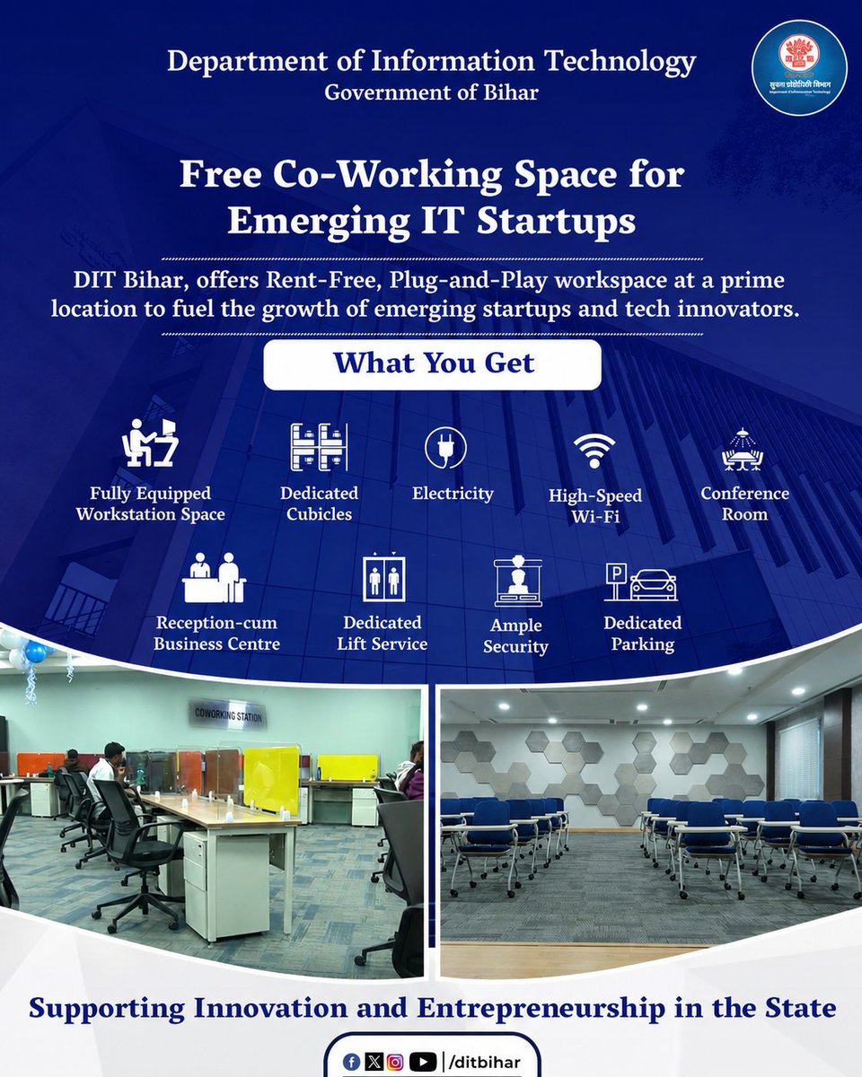 DitBihar's tweet photo. Want to start your own IT company but worried about office space ?
The Government of Bihar brings you FREE co-working spaces with modern facilities so you can focus on turning your ideas into reality !
#DITBihar #StartupBihar #DigitalBihar #entrepreneurship #YouthEmpowerment #StartupIndia #Innovation #BiharRising #CoWorking #TechStartups #GovernmentInitiatives