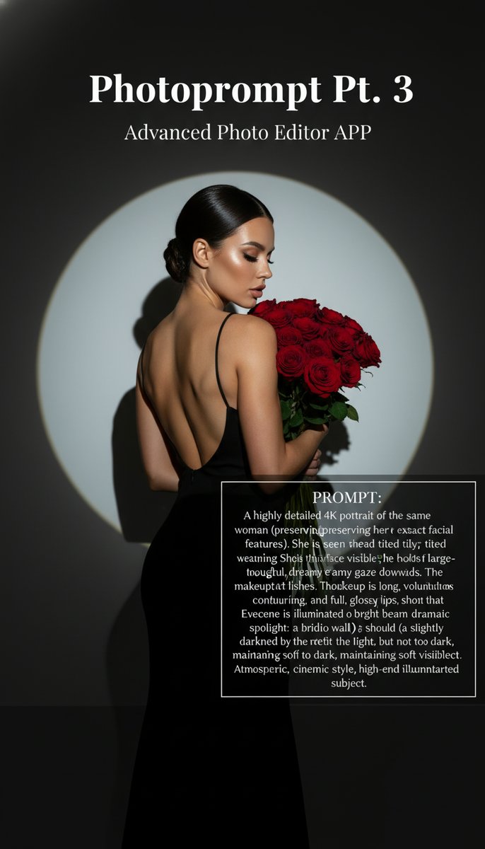 Prompt1Studio's tweet image. Prompt: A highly detailed 4K portrait of the same woman (preserving her exact facial features). She is seen from behind, her head tilted slightly, wearing an elegant black backless dress with thin straps. She holds a l...
  #AIEditor,#modernart,#FilterFunAI