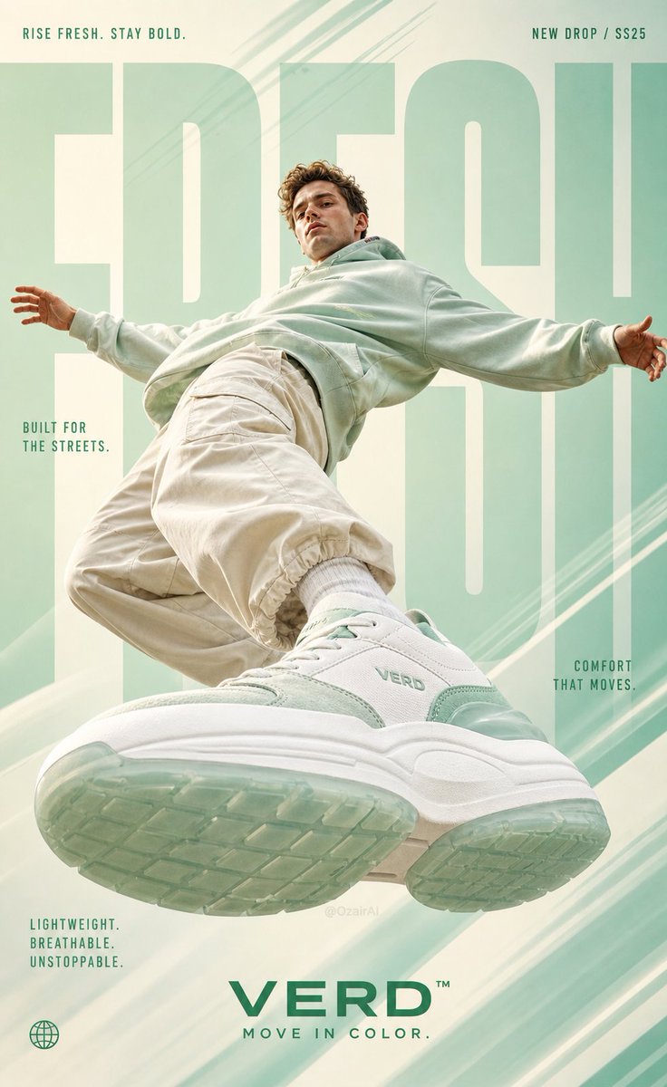 Sneaker Advertisment Poster (2)🔥

Image by ChatGPT Image 2.

Prompt ⤵️

"A vertical 9:13 hyper-realistic shoe advertisement poster. Background: fresh mint green to soft ivory cream gradient, bright and airy, full of energy — light rays and diagonal speed stripes in slightly