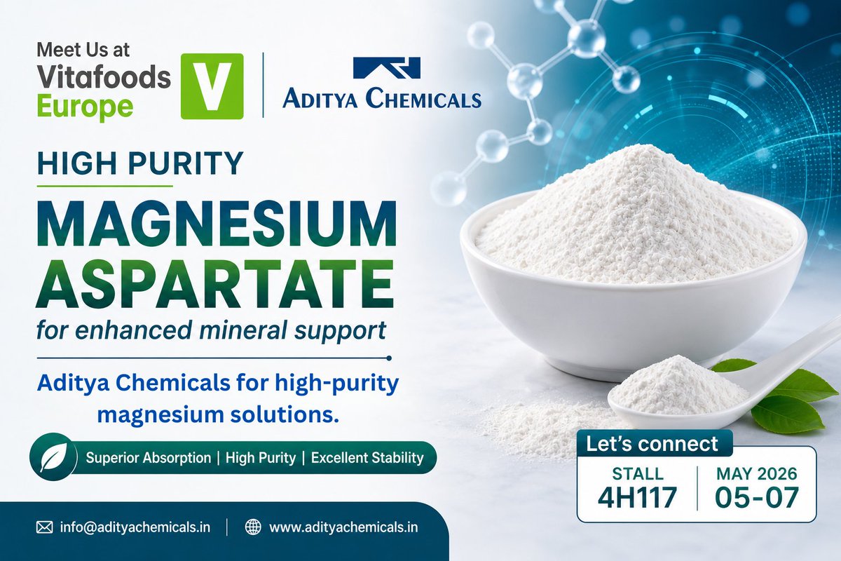 aditya_chems's tweet image. High-Purity Magnesium Aspartate for better mineral support
Meet Aditya Chemicals at Vitafoods Europe.
Let’s build better formulations together.
 
📍 Stall 4H117 | May 5–7
#VitafoodsEurope #Magnesium #Nutraceuticals
