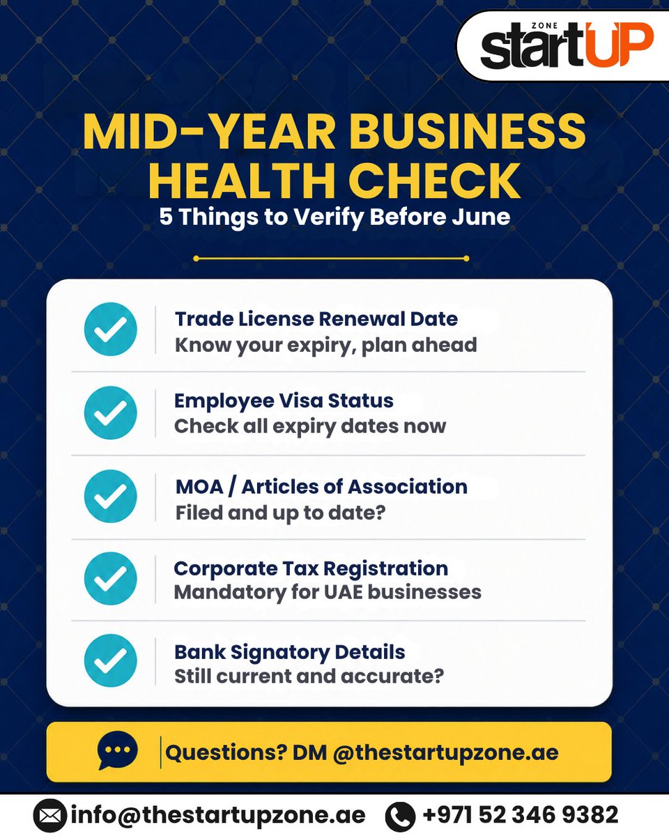 The_StartupZone's tweet image. Mid-year = compliance check time ✅

5 things UAE business owners should verify now:
• Trade license renewal
• Visa expiry dates
• MOA updates
• Corporate tax registration
• Bank signatories

#TheStartupZone #UAEBusiness #DubaiEntrepreneur #BusinessSetupUAE #SMEDubai