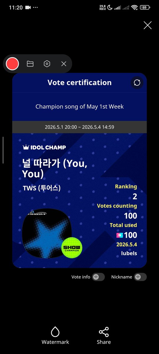 ninefor_us's tweet photo. 📌04.05.2026 Proof vote Idol Champ @ninefor_us. Thank you for your participation 🤍 
Done vote 2.000 🎟 show champions for TWS https://t.co/4CnI5f9qBh