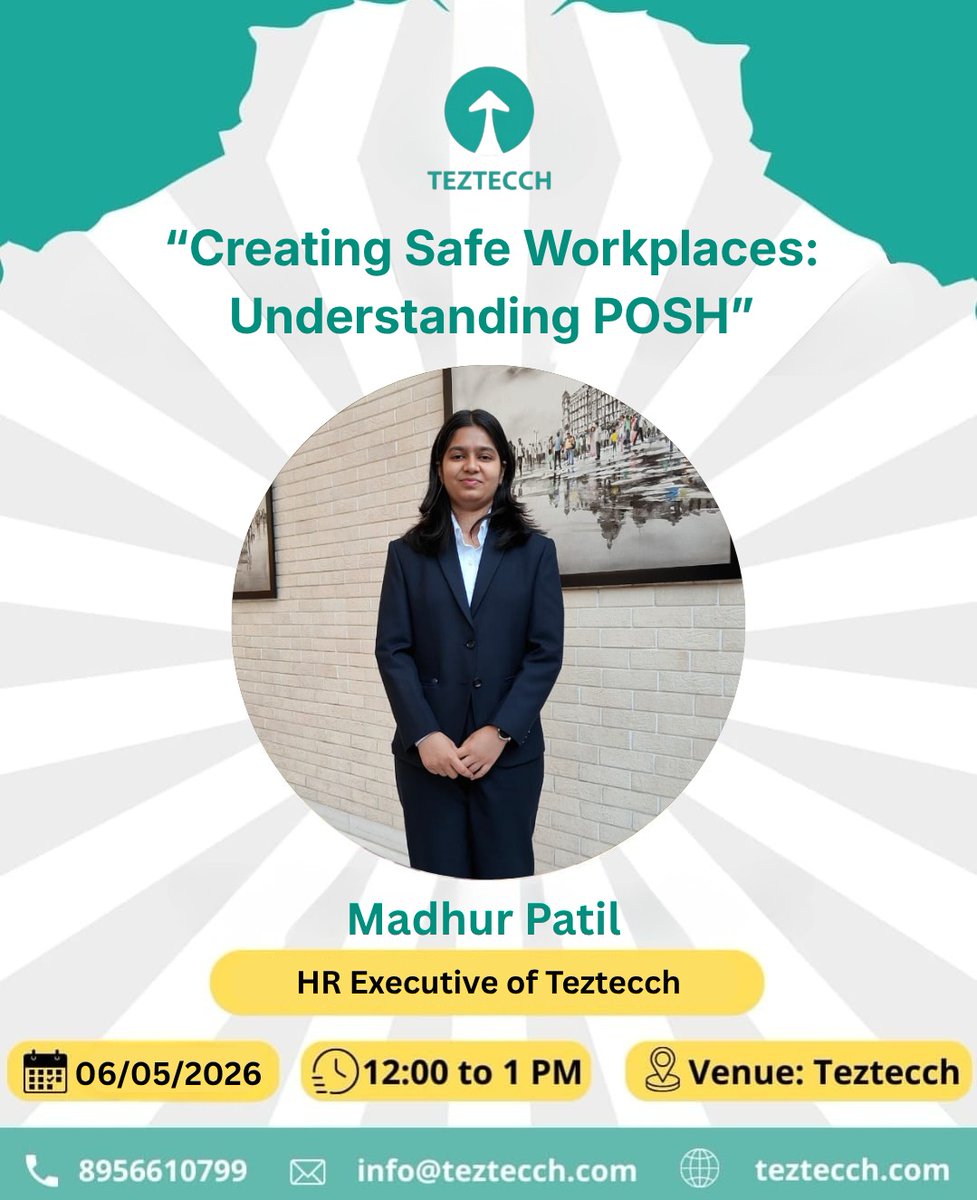 TecchTez's tweet photo. Creating a culture of safety and respect is at the heart of what we do. Join us for an essential session on "Creating Safe Workplaces: Understanding POSH" presented by the Teztecch Community.

#Teztecch #WorkplaceSafety #POSH #HR #ProfessionalGrowth #TeztecchCommunity https://t.co/lDa1ORrhlt