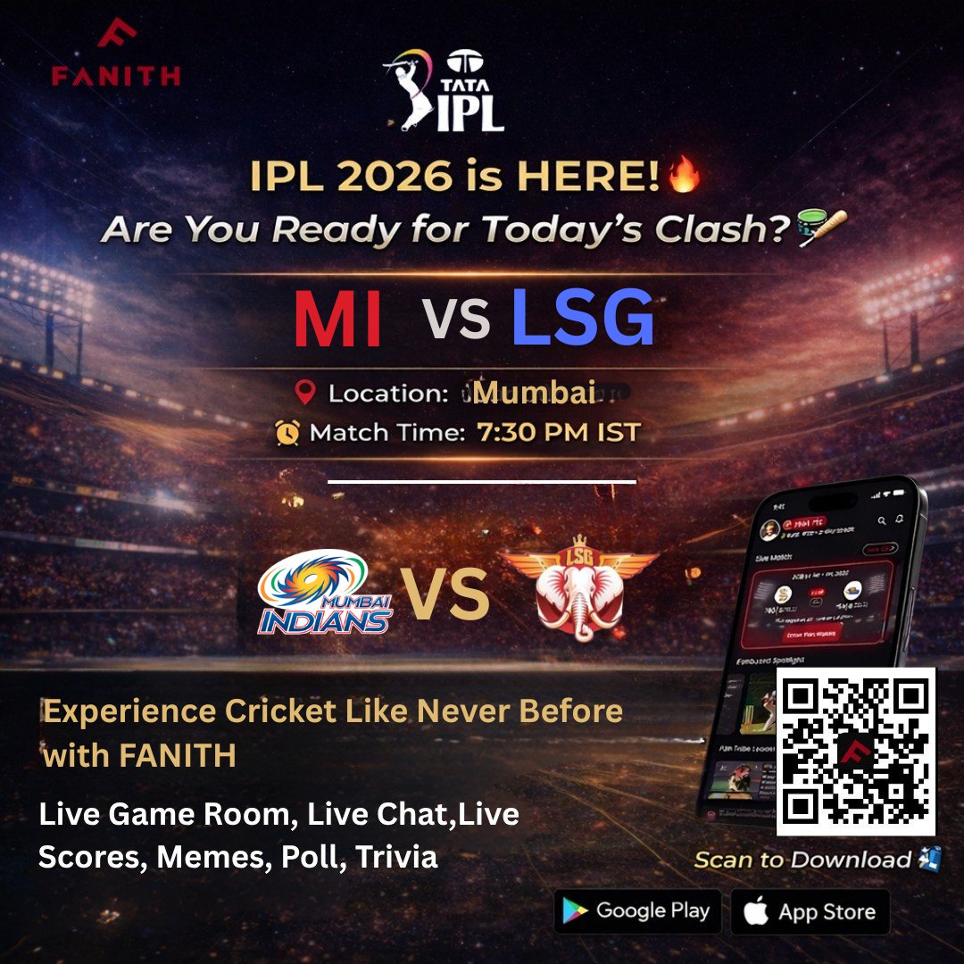 fanith_app's tweet photo. 🏏 IPL 2026 action at Wankhede!

MI ⚔️ LSG face off today at 7:30 PM IST!

MI's "Fans Nahi. Fam" or LSG's "New Energy. Same Passion" – kaun maarega baazi? 👀🔥

Game Room opens 6:50 PM 💬🔥

Join Now: https://t.co/xNPma9MGqQ

#IPL2026 #MIvsLSG https://t.co/v9VY1uWIH8