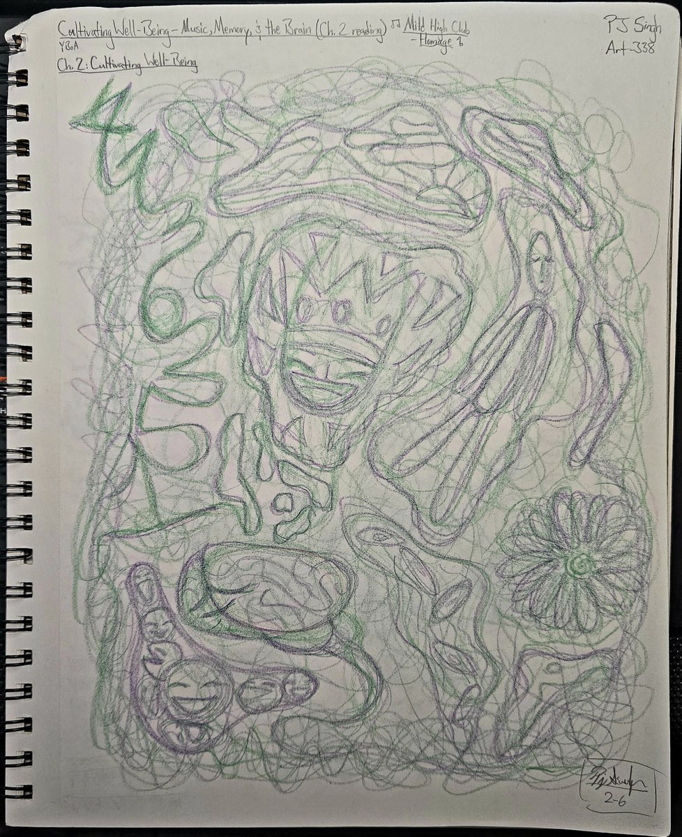 PepperedJ's tweet photo. My colored pencil composition, drawn for Psych of Art. Followed the prompt to find &amp; visually interpret a meaningful/nostalgia-inducing song ("Homage" by Mild High Club). The rhythm was converted to scribbly, green and purple-colored line patterns.
#traditionalart #sketches https://t.co/2mEJ3WEFyQ