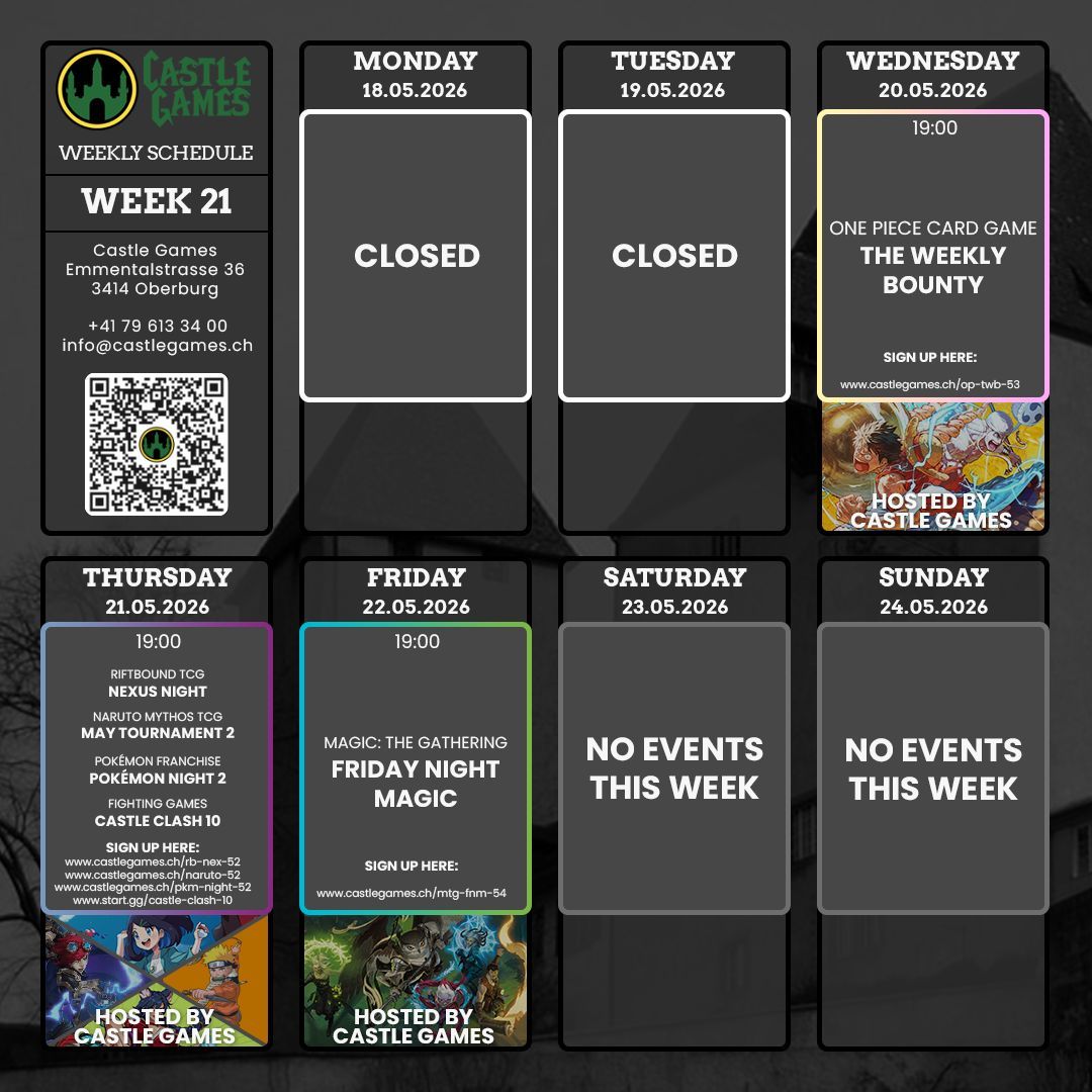 CastleGames_E's tweet photo. The schedule for the rest of May 2026 is now all set!

We have a new addition on Thursdays with our "Pokémon Night" offering a meetup opportunity to both #PokemonTCG and #PokemonVGC players.

Also, we're happy to once again support the Swiss #FGC during #fantasybasel, May 14-16! https://t.co/u6RH9ZNoO2