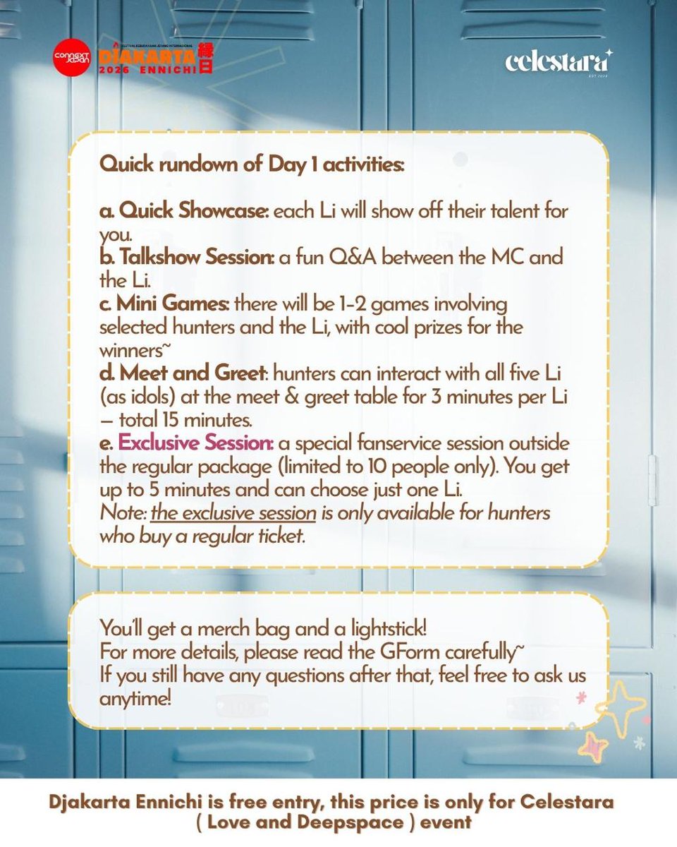 _celestara's tweet photo. 🗣️ We Hear You 🔥‼️

As per your request:
- We added 10 slots "Exclusive Session" each day (total 20 slots for both days)
- Now you can pay with DP (down payment) for Day 1 🥳

📆 Date: 23rd and 24th May 2026
📍Place: Djakarta Ennichi, Lapangan Banteng

⚠️Our Reguler Ticket is limited too
Grab it NOW 🤪‼️
Notes: limited for 10 people only is now for 20 people ‼️

We will update regularly for the slot in IG Story and Our WA Channel ~
Mention ur bestie and join the experience together ✨

Registration Link on Our Bio!

#LoveAndDeepspace #loveanddeepspacegathering #xavier #zayne #rafayel #sylus #caleb