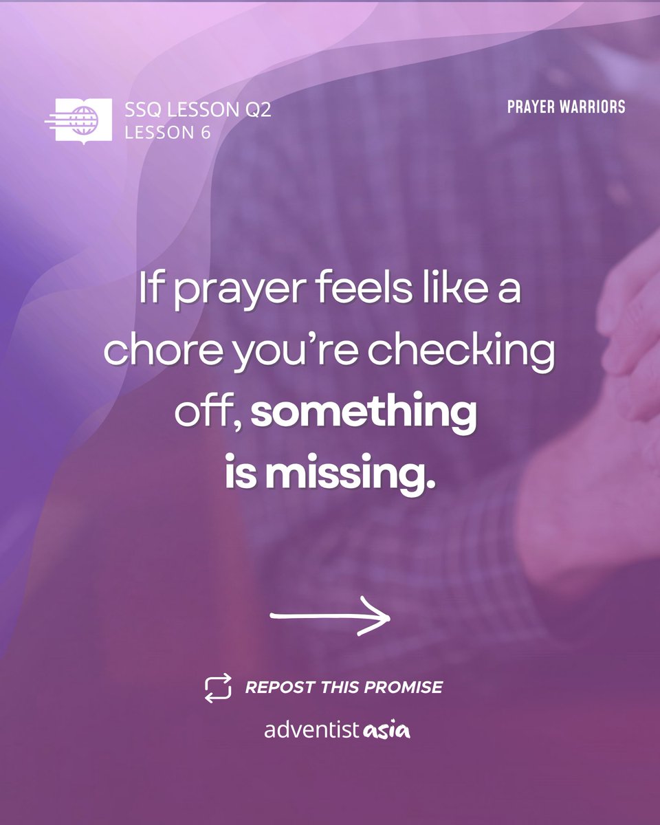 adventistasia's tweet image. #Prayer isn't a sleepy mumble or a 911 call. It's opening your heart to a friend. Stop guilting yourself to pray longer; just ask God to make Himself known. What helps you talk to God like a friend? 👇

Study this week's lesson: sabbath-school.adventech.io/en/2026-02/06/…

#SabbathSchool #Prayer