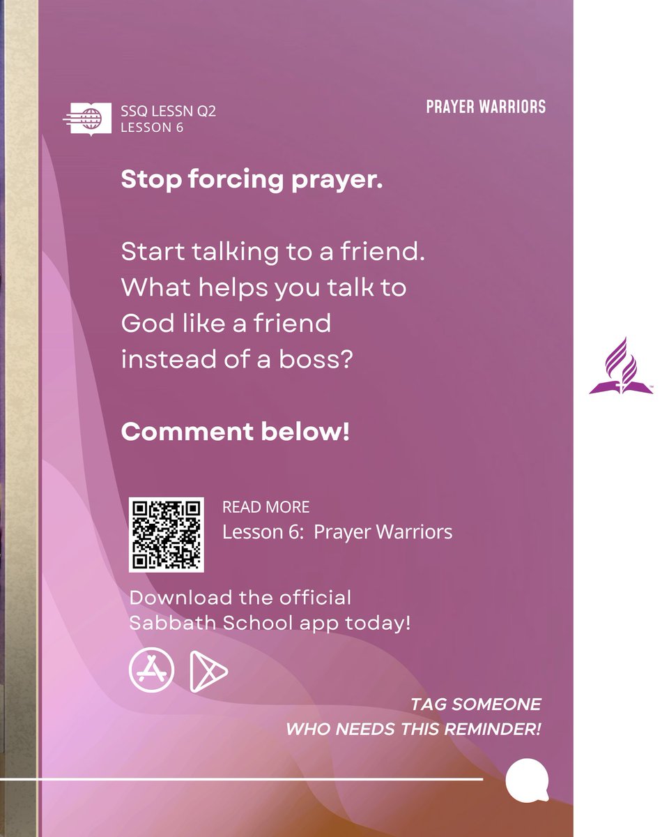 adventistasia's tweet image. #Prayer isn't a sleepy mumble or a 911 call. It's opening your heart to a friend. Stop guilting yourself to pray longer; just ask God to make Himself known. What helps you talk to God like a friend? 👇

Study this week's lesson: sabbath-school.adventech.io/en/2026-02/06/…

#SabbathSchool #Prayer