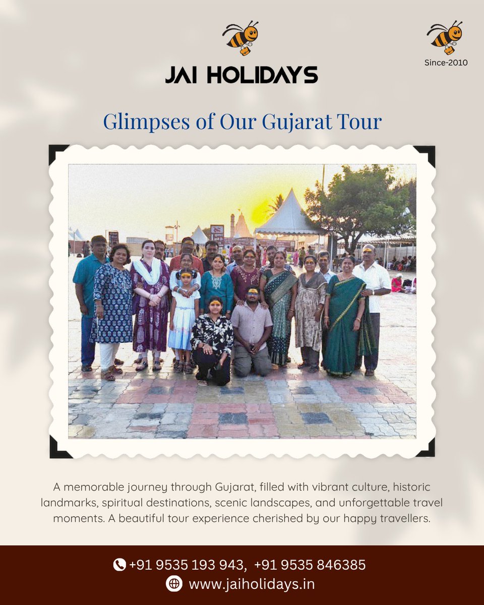 Jai_holidays's tweet image. Glimpses of Our Gujarat Tour.

A memorable journey through Gujarat, rich in culture, spiritual landmarks, heritage sites, and scenic beauty. 

#JaiHolidays #GujaratTour #TravelMemories #GroupTravel #IncredibleGujarat #CulturalJourney #HappyTravellers #TravelWithUs #IndiaTravel
