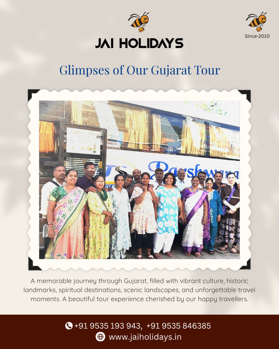 Jai_holidays's tweet image. Glimpses of Our Gujarat Tour.

A memorable journey through Gujarat, rich in culture, spiritual landmarks, heritage sites, and scenic beauty. 

#JaiHolidays #GujaratTour #TravelMemories #GroupTravel #IncredibleGujarat #CulturalJourney #HappyTravellers #TravelWithUs #IndiaTravel