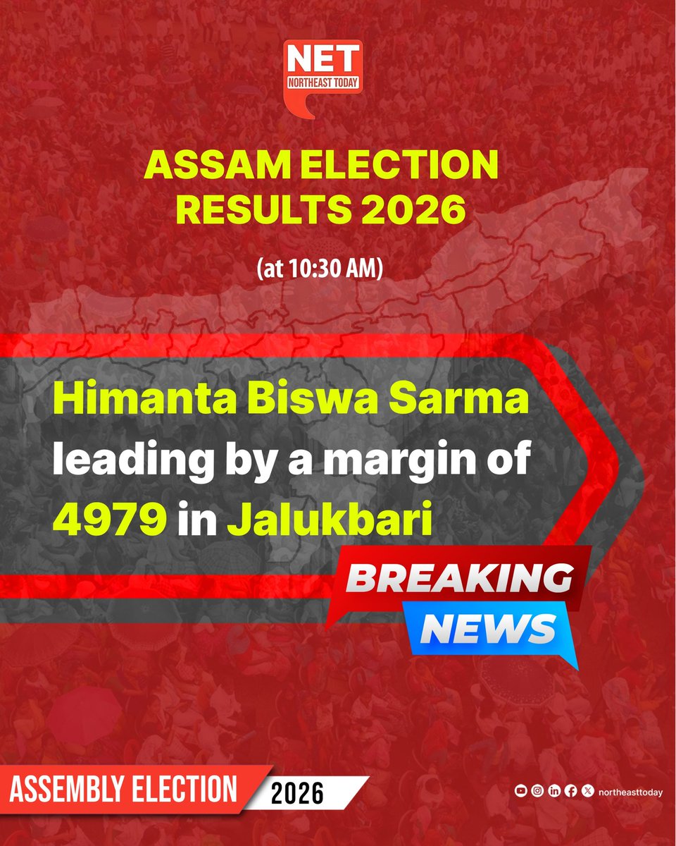 NortheastToday's tweet image. #AssamElectionResults2026 | 📌 Incumbent CM Himanta Biswa Sarma leading by a margin of 4979 in Jalukbari.

#ResultsWithNET  #AssamElections  #Northeast
