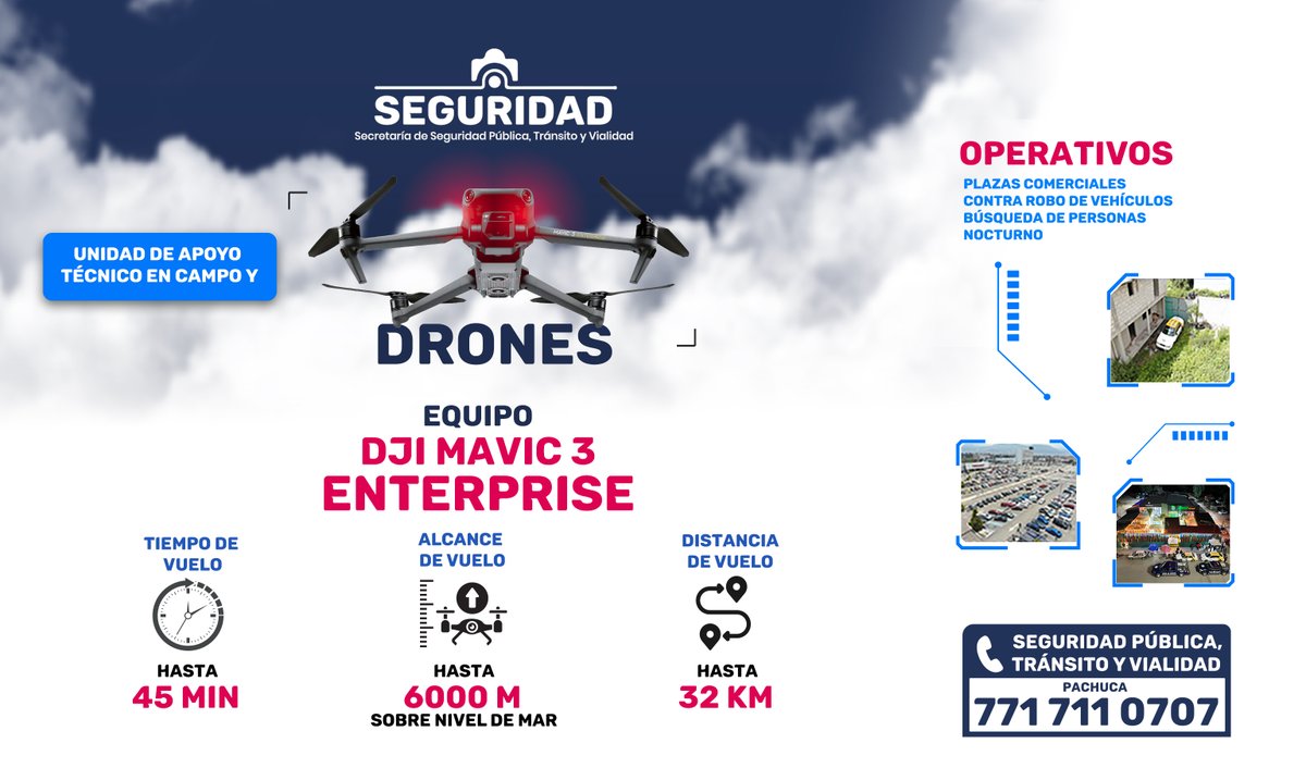 • El dron DJI Mavic 3 Enterprise permite a la @Secretaría de Seguridad Pública de Pachuca reforzar la vigilancia en plazas comerciales, colonias y puntos de alta afluencia.
#PachucaSegura #SeguridadConCercanía