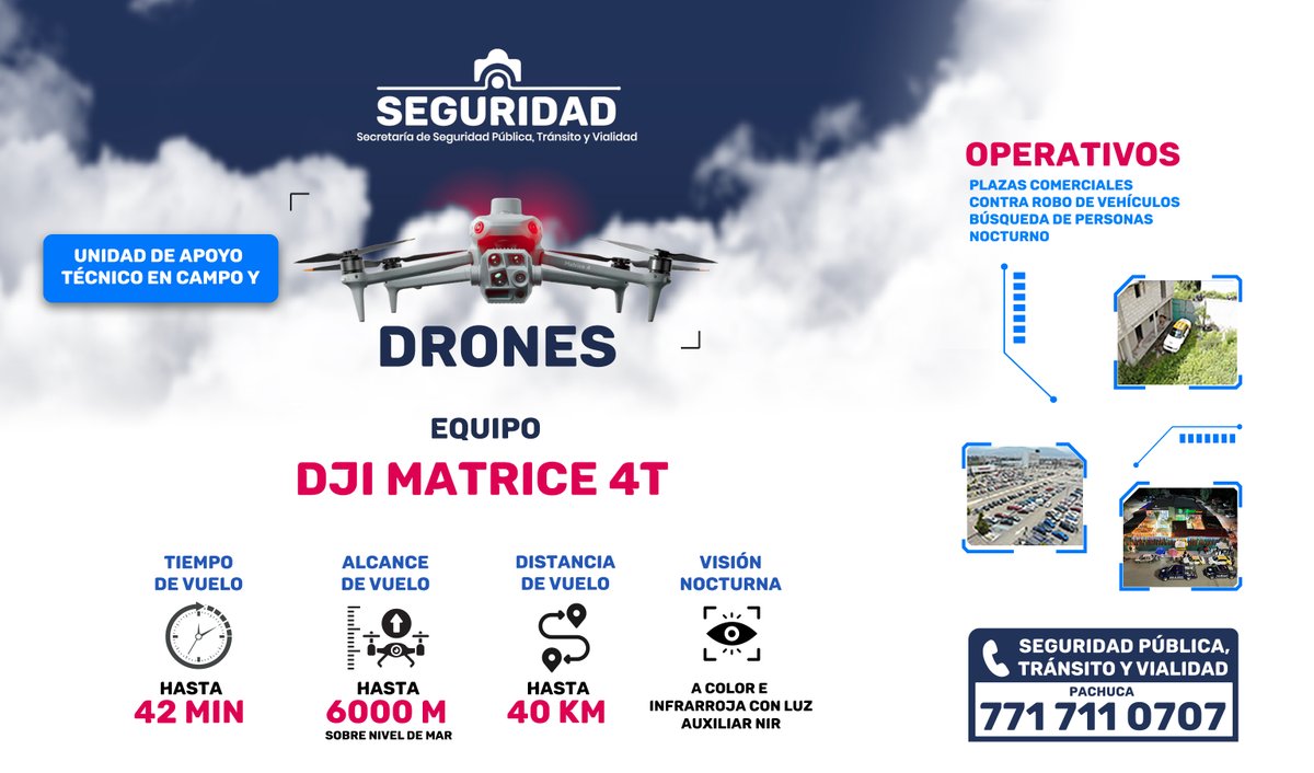 • Con drones DJI Matrice 4T, la seguridad en Pachuca cuenta con visión nocturna e infrarroja para vigilar incluso en condiciones de baja visibilidad.
#PachucaSegura #SeguridadConCercanía