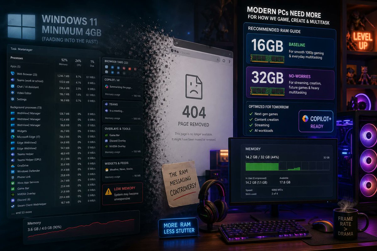 windowsforum's tweet photo. 🪟 Microsoft “deleted” the 32GB gaming page? Translation: “Reality didn’t match the specs.” Windows 11 still sells 4GB… but everything screams 16GB minimum. Who’s surprised? #Windows #Gaming
https://t.co/VzUsgYJOUi
#CopilotPcs #RamRequirements #Windows11Gaming https://t.co/UO8JKfnYDn