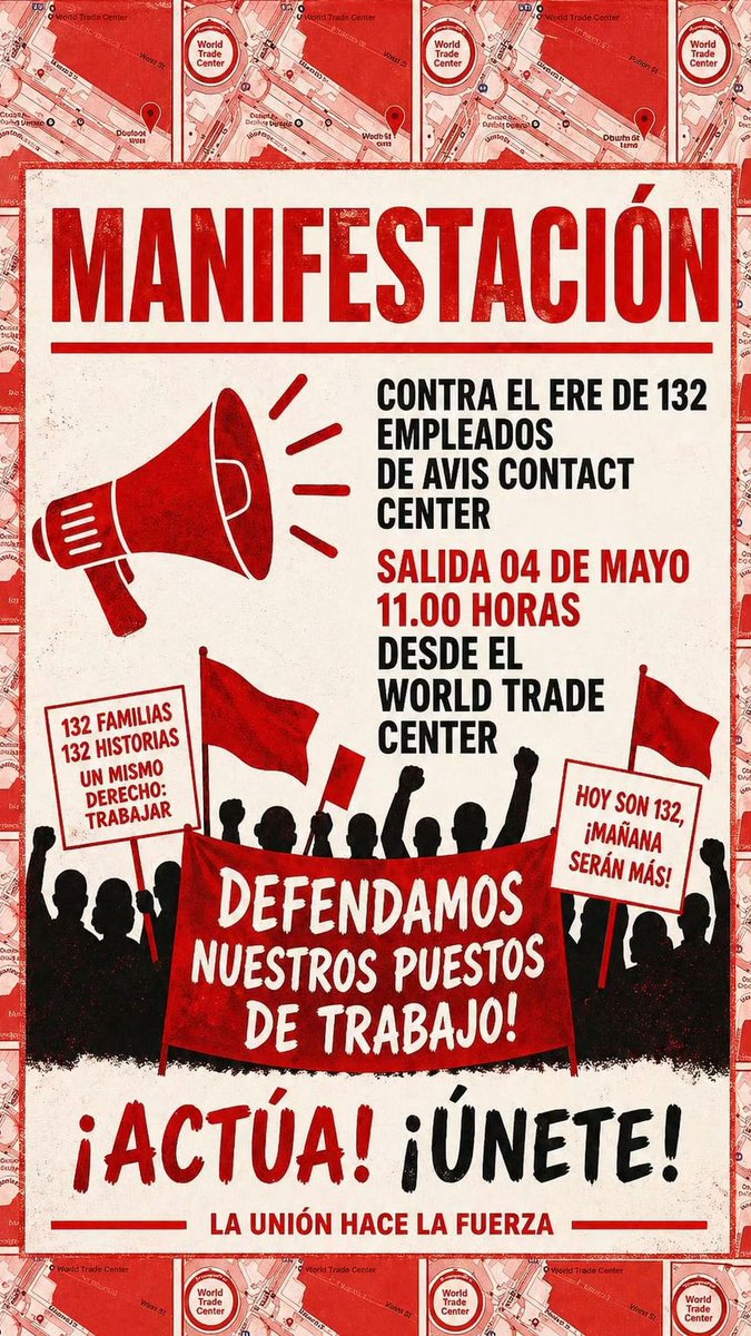 CGTBarcelona's tweet image. 🔊Porque en @CGT #Barcelona todos los dias es#1mayo2026 🔴⚫️

👉No al ERE en Atención al Cliente de @Avis. MANIFESTACIÓN 🔥

📆HOY lunes 4 mayo

⏰11h

📌Worl Trade Center @WTCBarcelona

#NOEREAVIS #luchaobrera #acciondirecta #anarcosindicalismo