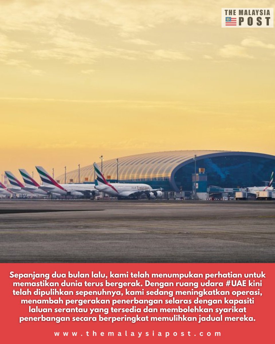 PostMalaysia's tweet image. Kemas kini penerbangan Dubai ini bukan sekadar tentang ruang udara yang dipulihkan, ia menunjukkan betapa pentingnya hab global seperti DXB yang dibina untuk ketahanan walaupun ketika gangguan serantau berlaku.

#UAE #Dubai #DXB #RuangUdara #BeritaAviation #PerjalananGlobal