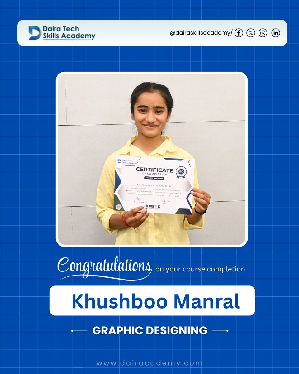 DairaTech's tweet photo. Congratulations Khushoo Manral on successfully completing the Graphic Designing course! 🎉✨
Wishing you a creative future filled with amazing designs and endless opportunities.
#graphicdesign #success #achievement https://t.co/8lMt4joTPu