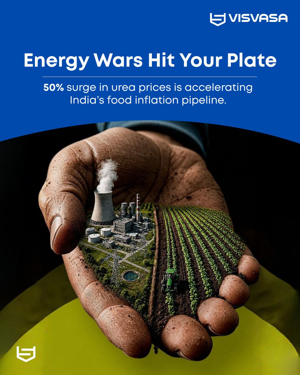 ParksVisva78720's tweet image. Energy wars hit food systems. Gulf supplies 50% urea, 30% ammonia; prices up 50%. India faces higher farm costs, delays, output drops, retail spikes. 
Food inflation ahead. 

#FoodInflation #SupplyChain #IndiaEconomy #AgriBusiness #Geopolitics