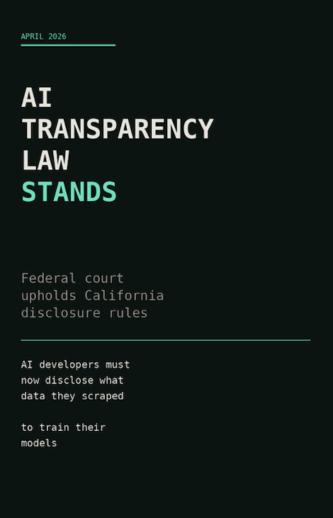1MB_io's tweet photo. California's AI training data transparency law just survived a federal court challenge.

AI developers now have to publicly disclose what's in their training datasets.

The industry fought this law hard. They lost.

2026 scoreboard:
• 90% of orgs expanded privacy programs for AI (Cisco)
• Private models projected to outpace public ones (Forrester)
• Google launched zero-access AI infrastructure
• NIST confirmed: can't monitor AI without violating privacy

Every transparency mandate. Every private AI launch. Every enterprise pulling out of public clouds.

Same root cause: nobody consented to being training data.

Regulators gave you disclosures.

We're giving you something better: pay when your data trains AI, privacy when it doesn't.

Cryptographic consent. Direct payouts. Your call.

The disclosure era just started. The refund era starts now.