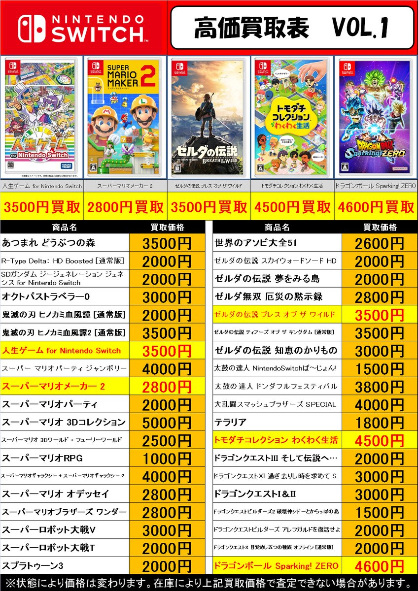 ニンテンドーswitchソフト 買取しています‼ #ブックタウン今渡店買取表