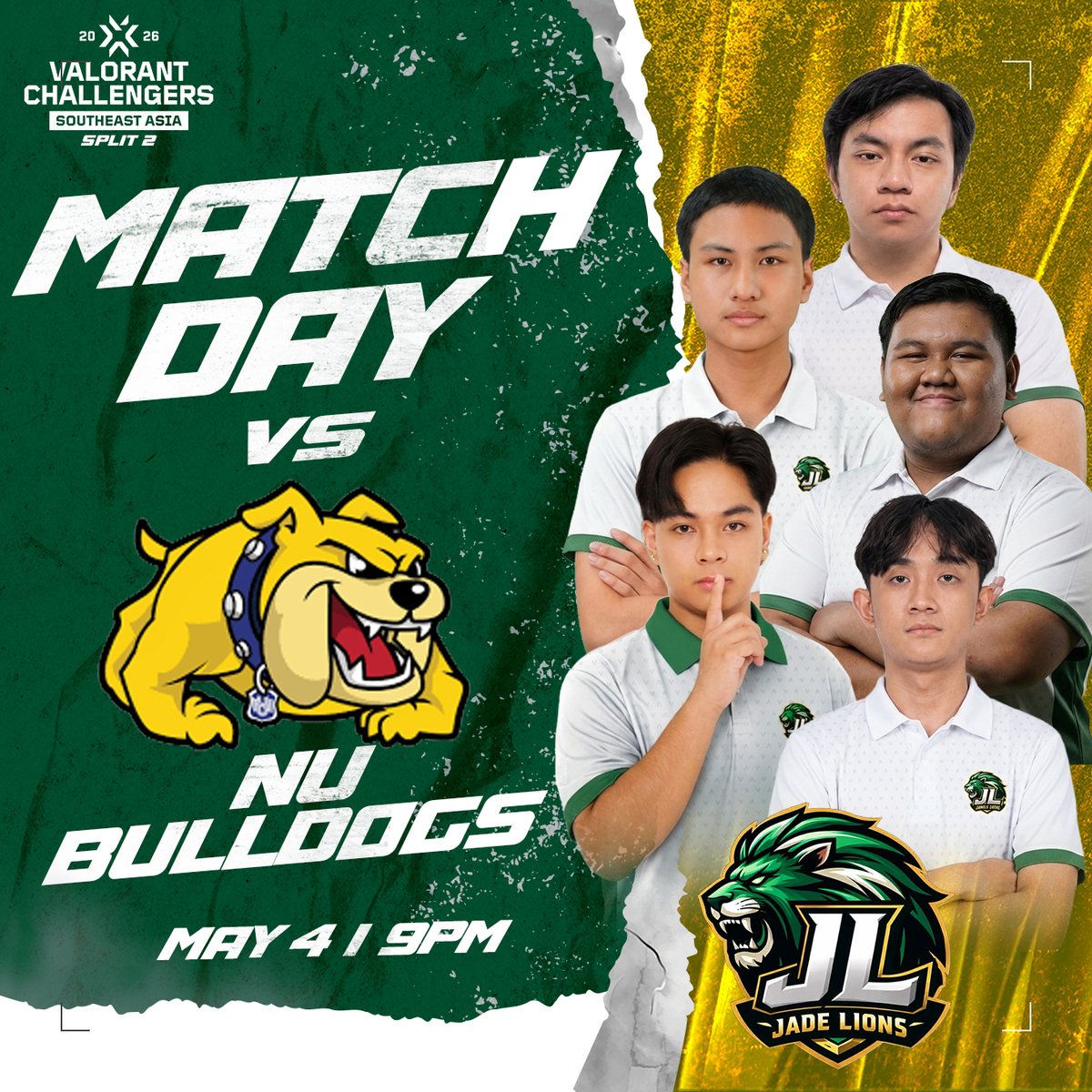 JadeLionsOrg's tweet photo. Game day Set your alarm! ⏰
Support us Jade lions against NU Bulldogs tonight May 4, 2026 at 9pm 🗓️
What’s your score prediction? 🤔🤔 comment down below 👀
#jadelions #ValorantPhilippines #VALORANTChallengers #vctchallenger #Split2 #Matchday https://t.co/wQOmPiX8KG