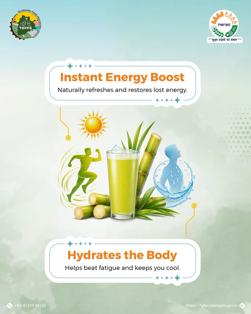 PmfmeTelangana's tweet image. A seasonal favourite with functional benefits. 
Sugarcane juice supports hydration, digestion, and overall well-being, making it a summer essential! 

#SugarcaneJuice #SummerDrinks #StayHydrated #DesiDrinks #BeatTheHeat