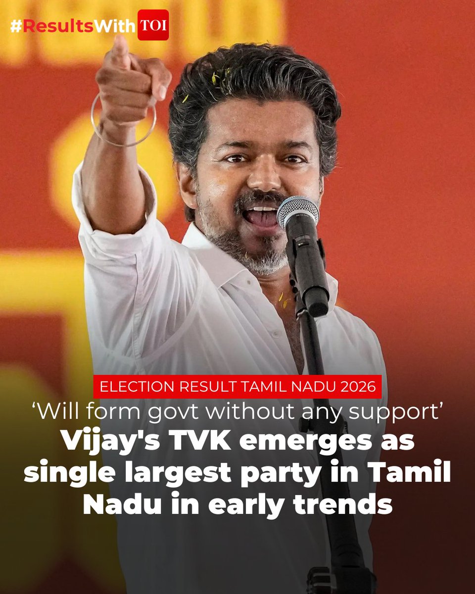 timesofindia's tweet photo. #ResultsWithTOI | With counting of votes underway across all 234 Assembly constituencies in #TamilNadu, the new entrant, led by actor-turned-politician #Vijay, opened its account strongly in postal ballot trends.

As per latest trends, TVK has emerged as the single largest party ahead of both the #DMK and #AIADMK.

Read here 🔗https://t.co/xo1ueeIECc

#ElectionsWithTOI #Elections2026 #ElectionResult2026 #assemblyelectionresults #AssemblyElections2026