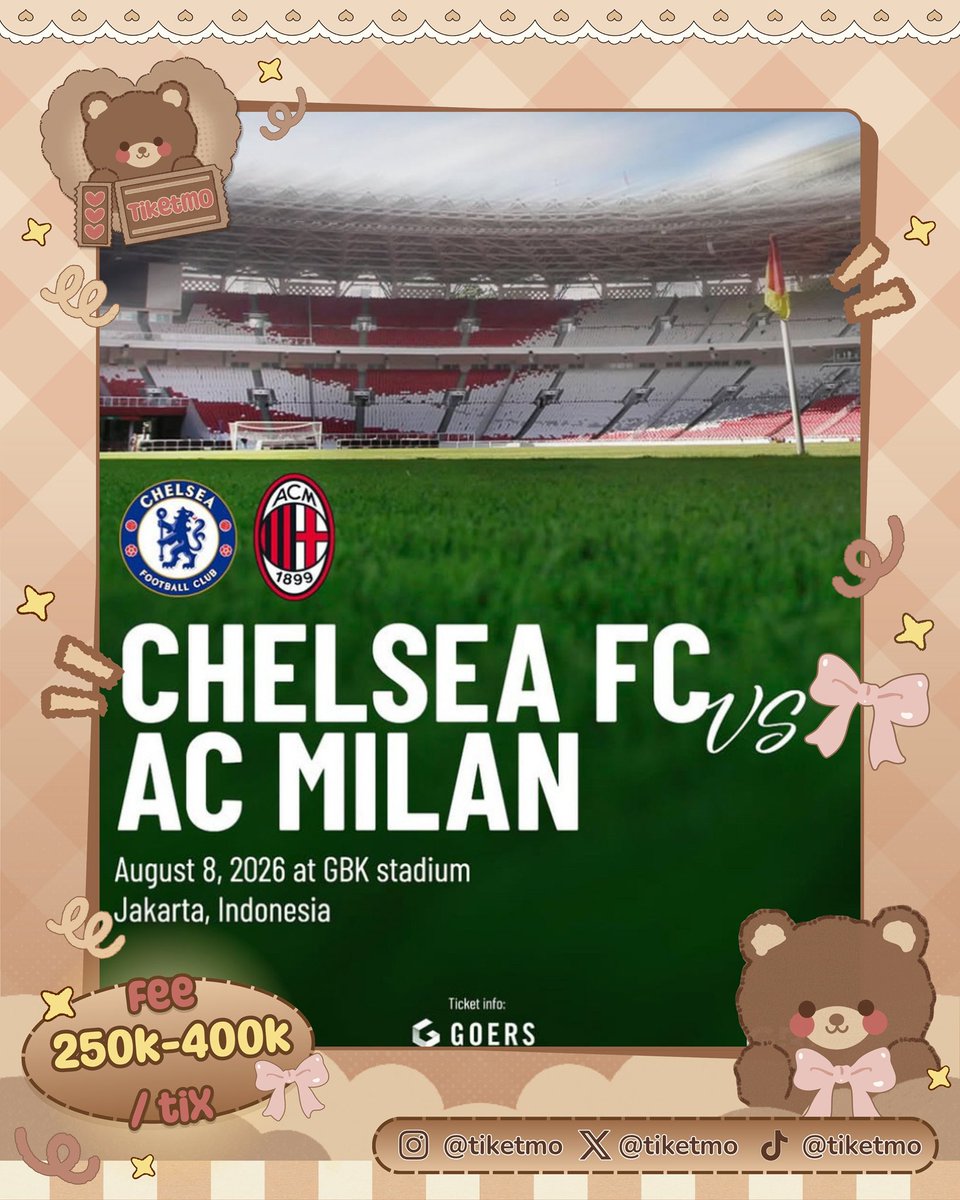 tiketmo's tweet image. — OPEN JASTIP JASA WAR TIKET CHELSEA FC VS AC MILAN IN GBK STADIUM

🔗LINK FORM : forms.gle/HoXcuKQpisW1J1…

💸 DP Bookslot : 100k/tix
✅ Data cust 
📌 Testimoni cek pin X / highlights IG

tg wtb jasa war tiket jastip jaswar tiket 
#CHELSEAFC #ACMILAN