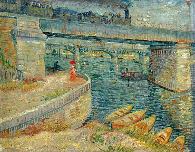 In 1887 at Asnières-sur-Seine, Van Gogh painted bridges and factories with Pointillist dots and dashes to capture reflections on the Seine. 
He sought to show industry and leisure sharing the same spaces of modern life. #artbots #vangogh