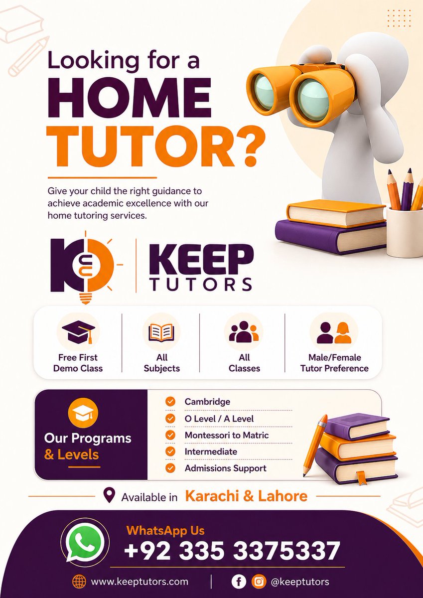 KeepTutors's tweet photo. Looking for a home tutor in Karachi or Lahore?

Keep tutors helps parents find suitable tutors by class, subject, area, timing &amp; tutor preference.

✅ Free first demo class
✅ Male/Female tutor preference
✅ School, Matric, Inter, O Level &amp; A Level
WhatsApp: +92 335 3375337 https://t.co/DqdJCjXZzZ