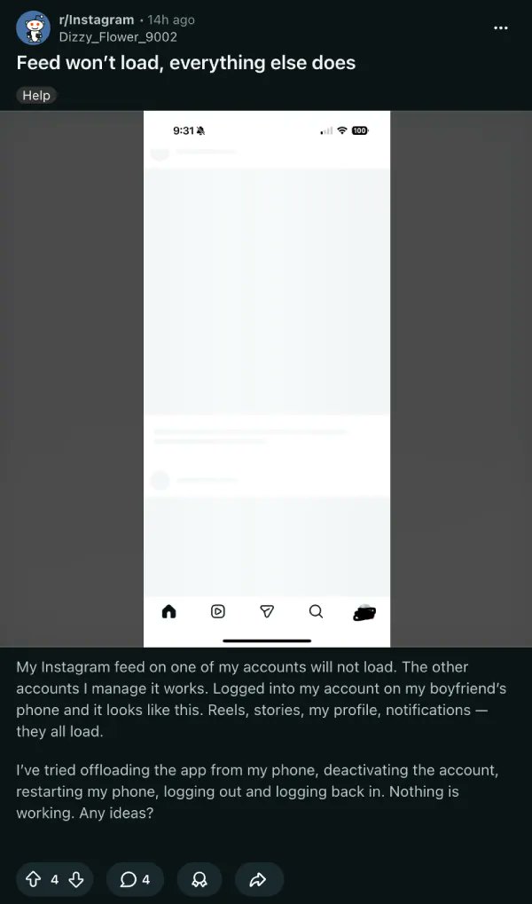 PiunikaWeb's tweet image. Some Instagram users are stuck dealing with what seems to be a widespread glitch that is breaking the home feed and causing Reels to endlessly buffer.

Reports about these issues started cropping up late yesterday, and we’re still seeing more complaints surfacing today.

Details: