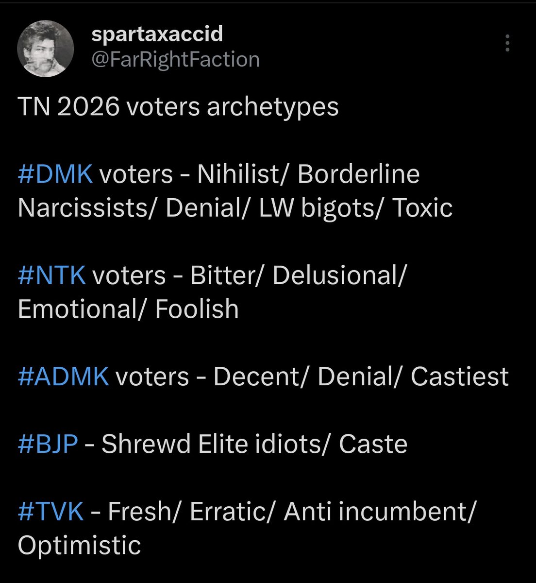 FarRightFaction's tweet photo. @gypsy_che Bitterness & Narcissism - Definitely either a NTK voter or DMK voter
Come out denial and Delusions, come to Reality
#DMKENDS https://t.co/hbe9xsSiQz