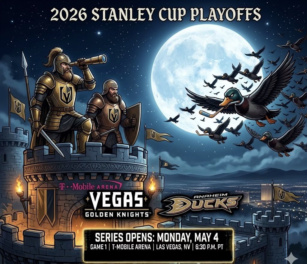 ericmt23's tweet photo. Played with some AI today and made some cool graphics for the Anaheim Ducks vs Vegas Golden Knights playoff series.

#FlyTogether #ForgedInGold https://t.co/i0pR7k0ki4