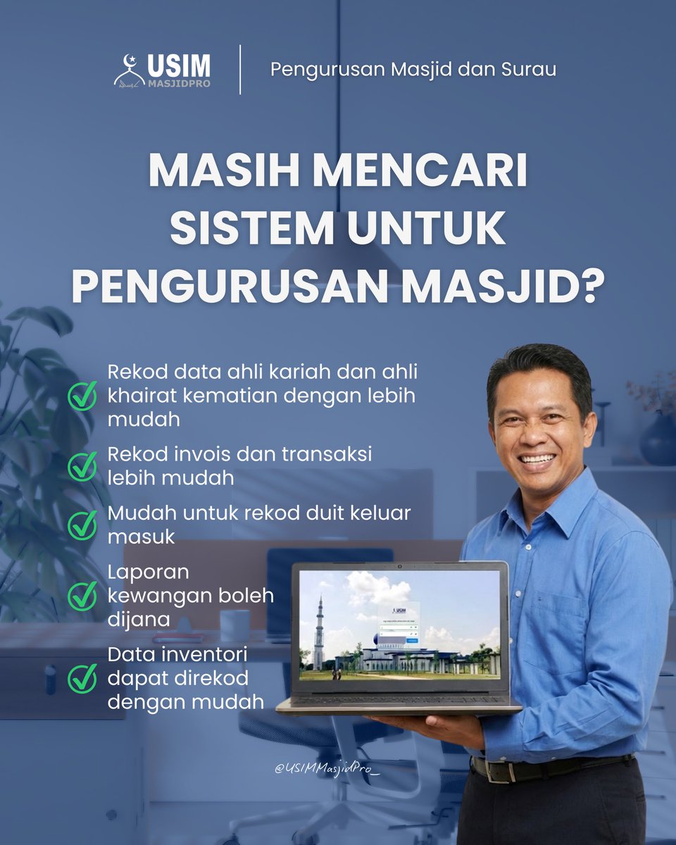 USIMMasjidPro's tweet photo. Masih pening kepala urus data kariah dan akaun masjid secara manual? 
Hubungi kami sekarang untuk info lanjut mengenai sistem pengurusan masjid/surau.

#PengurusanMasjiddanSurau #AJKMasjid #SistemMasjid #USIMMasjidPro #DakwahDigital #SistemPengurusan #FYP #FYPMalaysia https://t.co/aKjdoGp9ZW