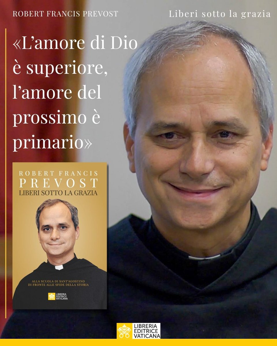vaticannews_it's tweet photo. #4maggio
📍Da oggi in libreria 
LIBERI SOTTO LA GRAZIA @LVaticana 
▶️ Il volume raccoglie scritti, interventi e omelie di Robert Francis Prevost da Priore generale dell’Ordine di Sant’Agostino. Parole capaci di parlare al presente e di aprire nuove prospettive di riflessione. https://t.co/mFYA7KW9Js