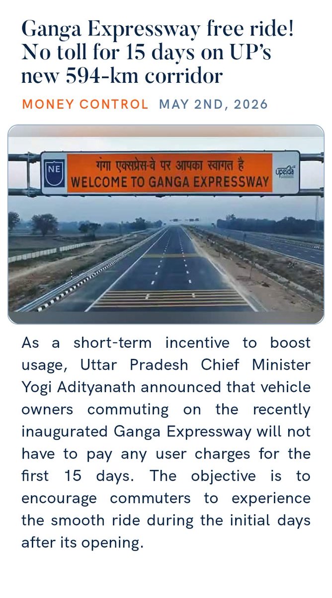 mylaraprem's tweet image. #PM #to #Prime #ISRO #India #IndianAirForce #IndianArmy #indiannavy #Challenge #Honorable @BJP4India @BJPLive @IndiaToday @BJP4India 

#Ganga Expressway free ride! No toll for 15 days on UP’s new 594-km corridor

moneycontrol.com/city/ganga-exp… via NaMo App