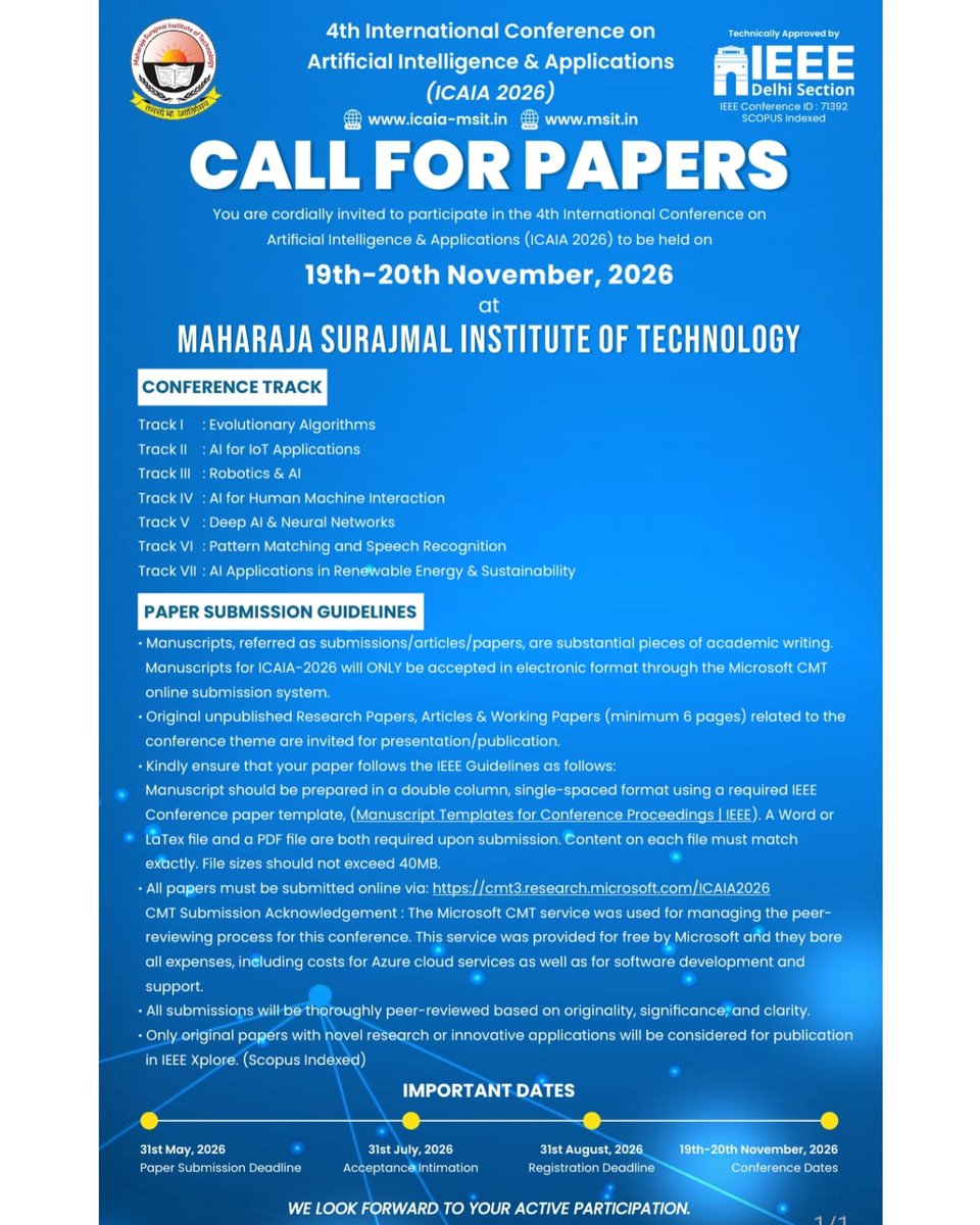 msitnewdelhi's tweet image. #callforpaper #icaia2026 #ieee #ieeedelhisection #ieeeconference