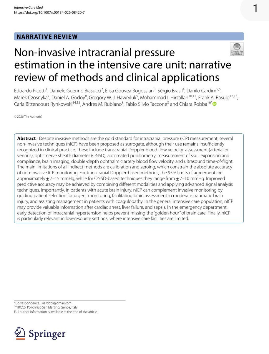 franciscojlk's tweet image. 🧠 Intracranial pressure without a catheter? Yes… but not as you think

Invasive monitoring remains the gold standard for ICP.

But in daily ICU reality:

• Contraindications exist
• Resources are limited
• Decisions cannot wait

👉 This is where non invasive ICP (nICP)