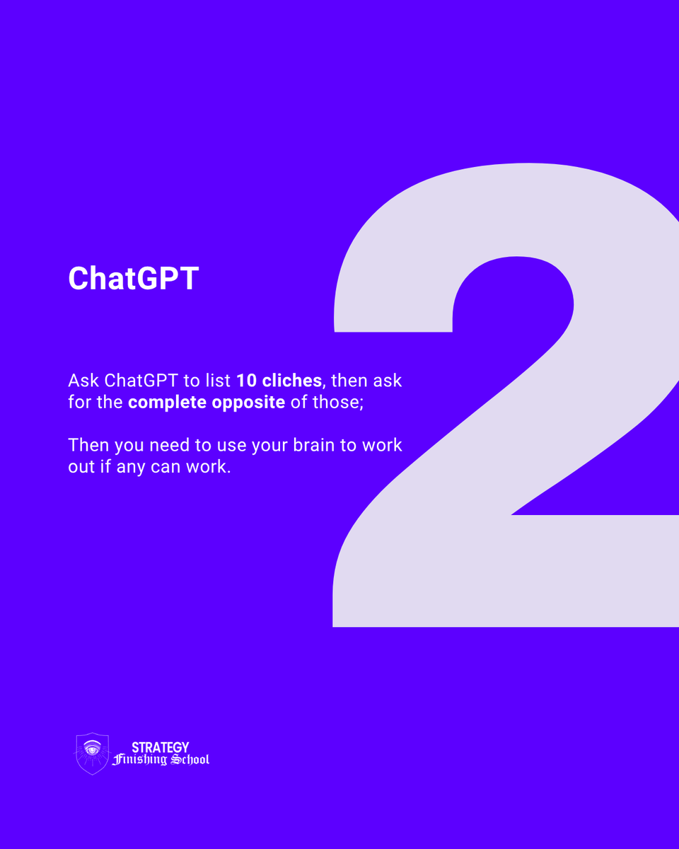juliancole's tweet photo. 2. ChatGPT
Ask ChatGPT to list 10 cliches, then ask for the complete opposite of those, then you need to use your brain to work out if any can work

3. Stand Up
Comedians structure a one-liner by setting the expectation, then breaking that expectation. https://t.co/H4yA1hMYLB