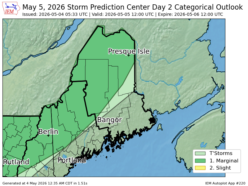 #SPC issues Day 2 Marginal Convective Risk at May 4, 5:33z for CAR spc.noaa.gov/products/outlo…