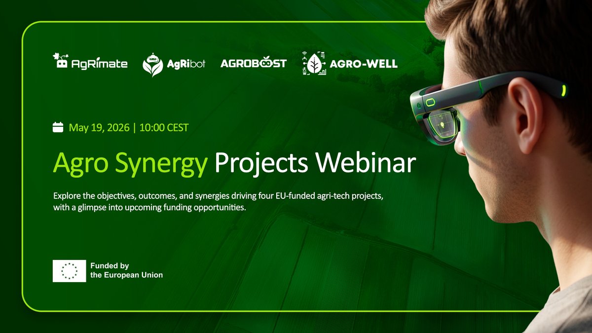 AGROWELL_EU's tweet photo. See how #AI &amp; #robotics are being developed and tested to support #farmers in their daily work. 🌱 Join our Sister Cluster #webinar with #AgRimate, @AGROWELL_EU , #AGROBOOST and @AgRibotEU  on May 19 at 10:00 CET! 
Secure your spot at: https://t.co/TDOMSpKgmc https://t.co/7fybNLyJKx